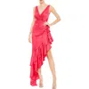 Mac Duggal Asymmetrical Ruffled Hem V Neck Dress In Red