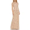 Mac Duggal Embellished High Neck Flutter Sleeve Gown In Beige