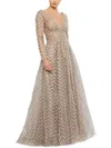 Mac Duggal Embellished Long Sleeve Mesh A-line Gown In Grey