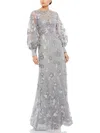 Mac Duggal Embellished Illusion High-neck Bishop-sleeve Gown In Silver