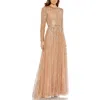 Mac Duggal Sequined Illusion High Neck Long Sleeve Gown In Brown
