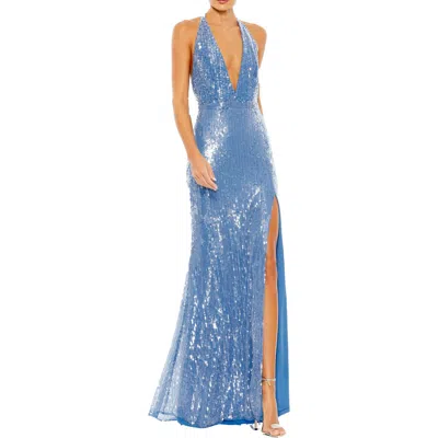 Mac Duggal Womens Sequined Halter Evening Dress In Blue