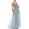 Mac Duggal Embellished V Neck Long Sleeve A Line Gown In Silver