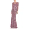 Mac Duggal Womens Sequined Long Sleeves Evening Dress In Purple