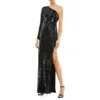 Mac Duggal Sequin One-shoulder Long Sleeve Column Gown In Black
