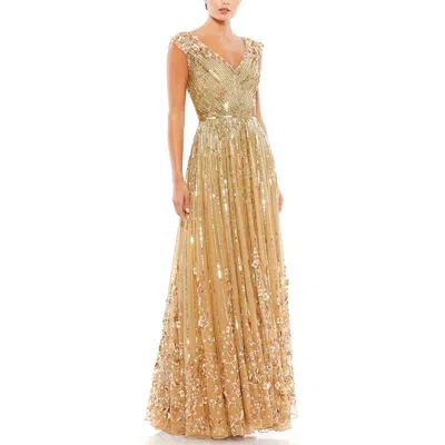 Pre-owned Mac Duggal Womens Sequined Maxi Special Occasion Evening Dress Gown Bhfo 5094 In Champagne