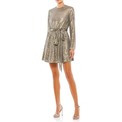 Mac Duggal Sequin Embellish Long Sleeve High Neck Mini Dress In Grey