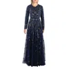 Mac Duggal Embellished High Neck Long Sleeve A-line Gown In Blue