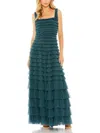 Mac Duggal Ruffle Square Neck Gown In Blue