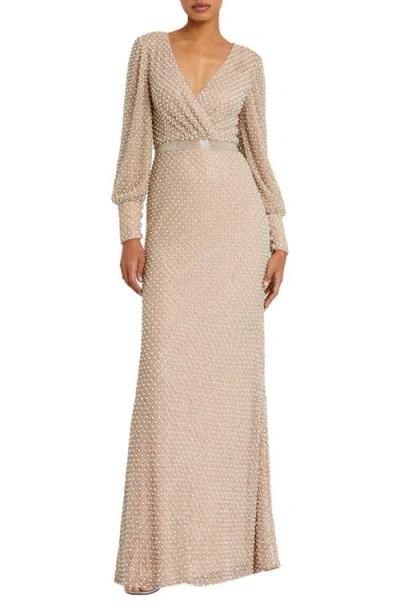 MAC DUGGAL MAC DUGGAL WRAP OVER BISHOP SLEEVE PEARL BEADED GOWN