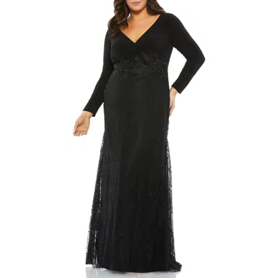 Mac Duggal Wrap-over Long Sleeve Lace Applique Trumpet Gown In Black
