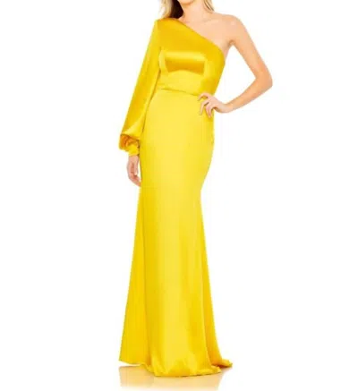 Mac Duggal Yellow One Shoulder Bishop Sleeve Trumpet Gown In Sunset
