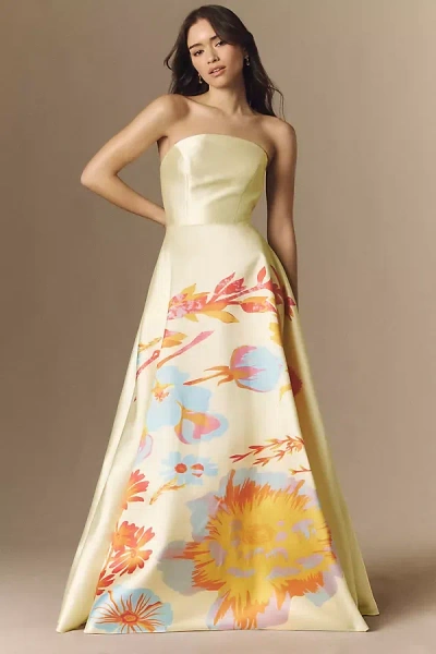 Mac Duggal Yellow Strapless Mikado Floral Ball Gown In Multi