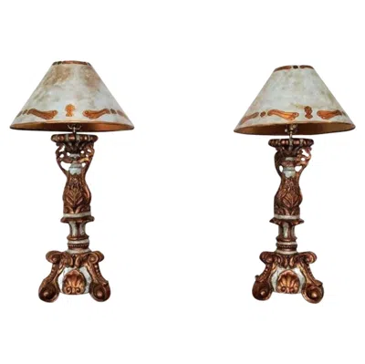 Pre-owned Mac Pair Of  Sculpture Italian Baroque Altar Candlestick Table Lamps In Brown