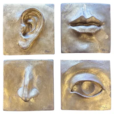 Pre-owned Mac Set Of Four Modernist Gold Gilt "face" Wall Plaques By Marlo For  In Brown