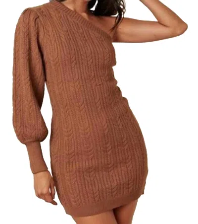 Macaron Sweater Knit One Shoulder Long Sleeve Dress In Camel In Brown