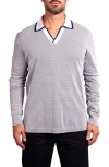 Maceoo Ascension0001 White Johnny Collar Long Sleeve Cotton Polo In Gray