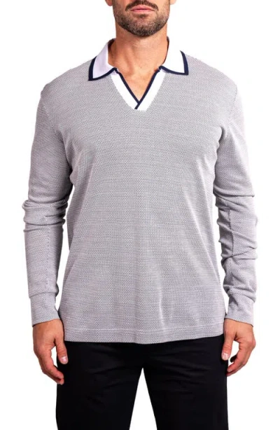 Maceoo Ascension0001 White Johnny Collar Long Sleeve Cotton Polo In Gray