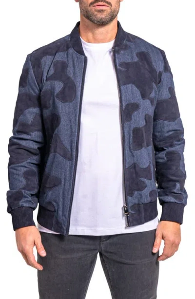 Maceoo Ascension0008 Leather & Denim Camouflage Jacket In Blue