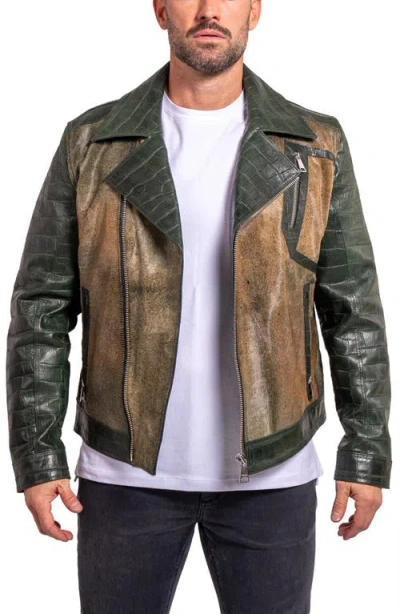 Maceoo Ascension0026 Genuine Calf Hair & Croc Print Leather Jacket In Green