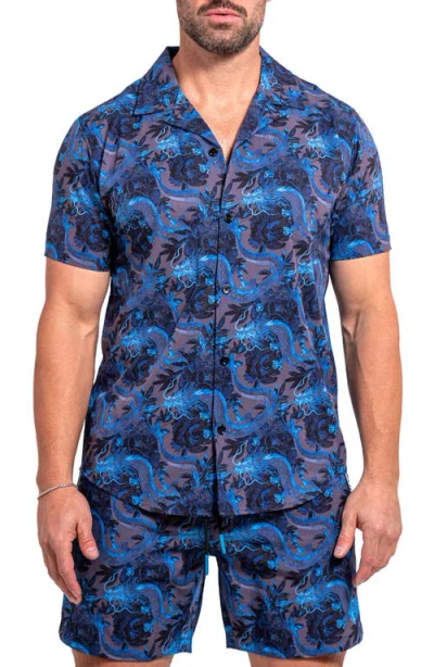Maceoo Beachdragon Blue Short Sleeve Cotton Button-up Shirt