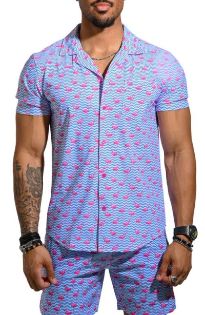 Maceoo Beachflamingo Blue Cotton Camp Shirt