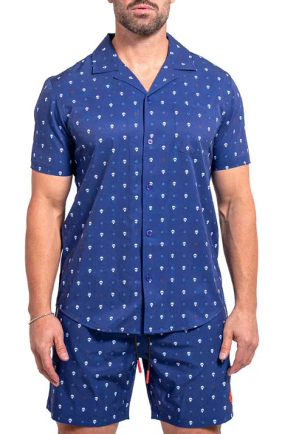 Maceoo Beachskull Blue Short Sleeve Cotton Button-up Shirt