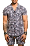Maceoo Beachtiles Black Short Sleeve Cotton Button-up Shirt In Multi