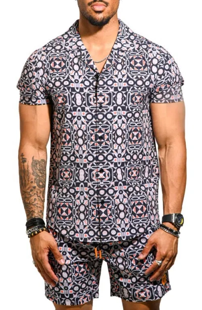 Maceoo Beachtiles Black Short Sleeve Cotton Button-up Shirt In Multi