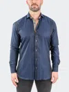 Maceoo Einstein Jacqhoneythree Blue Contemporary Fit Cotton Blend Button-up Shirt In Blue