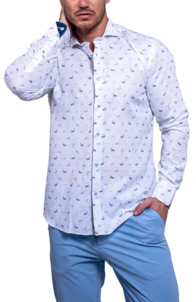 Maceoo Einstein Resistance Contemporary Fit Lizard Print Linen & Cotton Button-up Shirt In White