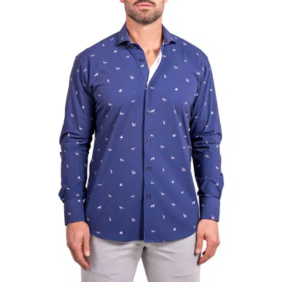 Maceoo Einstein Stretch Ascension 0205 Dog Print Contemporary Fit Button-up Shirt In Blue