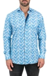 Maceoo Einstein Wood Waves Print Stretch Button-up Shirt In Blue