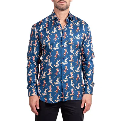 Maceoo Fibonacci Ascension 0220 Pin-up Print Contemporary Fit Button-up Shirt In Blue
