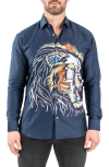 Maceoo Fibonacci Lion Embroidered Contemporary Fit Button-up Shirt In Blue