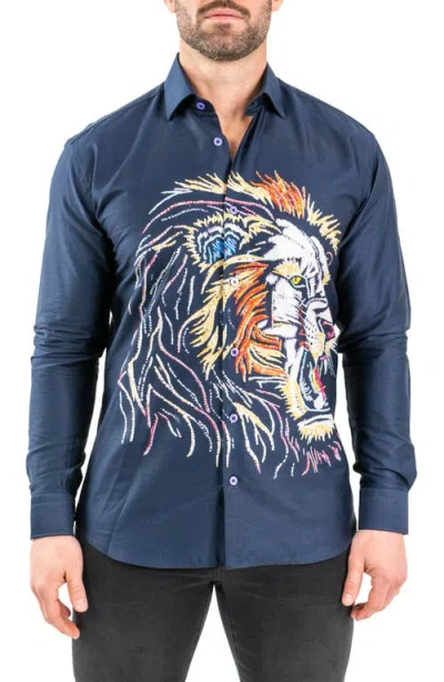 Maceoo Fibonacci Lion Embroidered Contemporary Fit Button-up Shirt In Blue