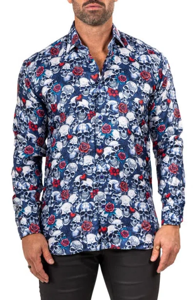 Maceoo Fibonacci Mathyr0242 Blue Skull Print Button-up Shirt
