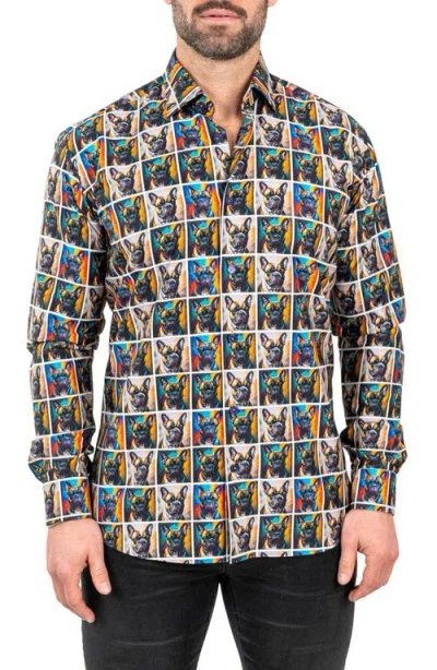 Maceoo Fibonacci Puppy Portrait Contemporary Fit Button-up Shirt In Brown