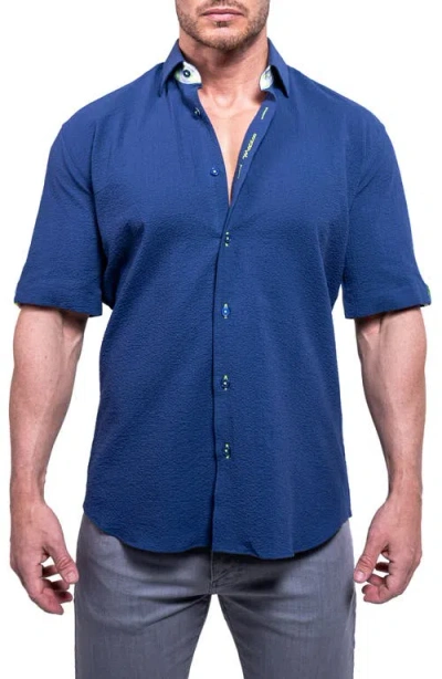 Maceoo Galileo Aristocrat Luxe Stretch Cotton Seersucker Short Sleeve Button-up Shirt In Blue