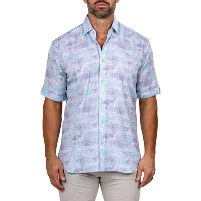 Maceoo Galileo Marthyr0237 White Floral Short Sleeve Button-up Shirt In Blue