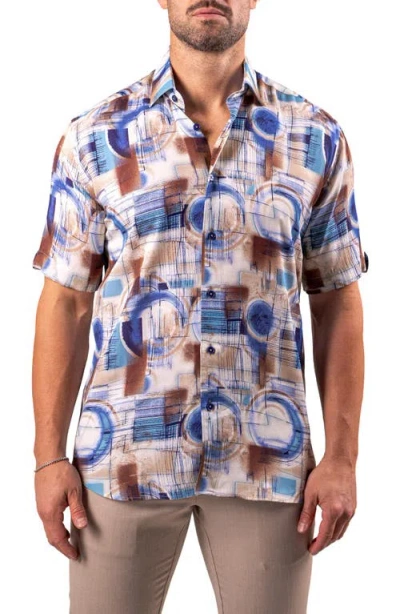 Maceoo Galileo Resistance Abstract Print Short Sleeve Button-up Shirt In Brown