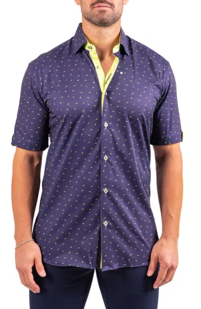 Maceoo Galileo Resistance Shark Print Short Sleeve Button-up Shirt In Blue