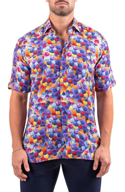 Maceoo Galileo Resistance Umbrella Print Short Sleeve Button-up Shirt In Blue