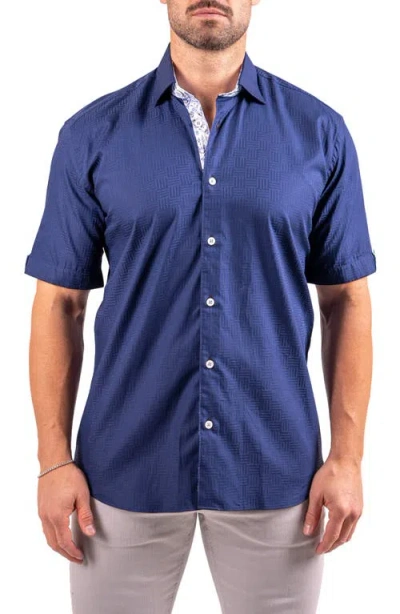 Maceoo Galileo Resistance0143 Blue Geo Jacquard Short Sleeve Cotton Button-up Shirt