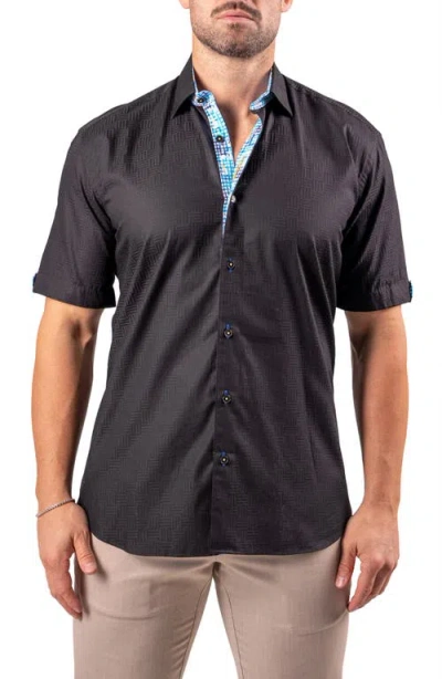 Maceoo Galileo Resistance0144 Black Geo Jacquard Short Sleeve Cotton Button-up Shirt