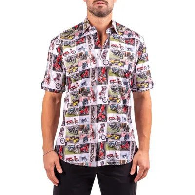 Maceoo Galileo Resistance0340 White Motorcycle Print Short Sleeve Cotton Button-up Shirt