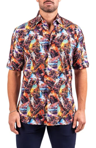 Maceoo Galileo Resistance0345 Black Vintage Car Print Short Sleeve Cotton Button-up Shirt