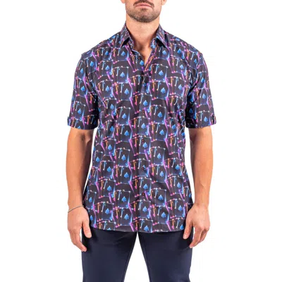 Maceoo Galileo Resistance0346 Black Ace Print Short Sleeve Cotton Button-up Shirt