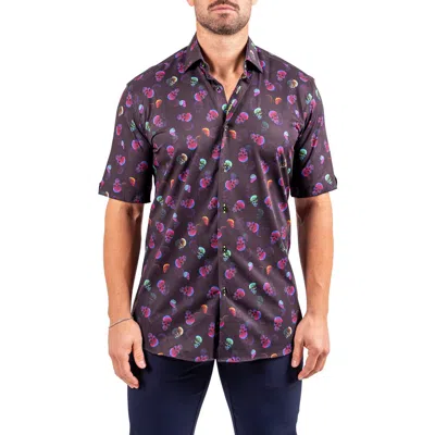 Maceoo Galileo Resistance0347 Black Skull Print Short Sleeve Cotton Button-up Shirt