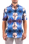 Maceoo Galileo Resistance2201 Blue Pixelated Face Print Short Sleeve Button-up Shirt